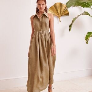 Piece of White Aida Dress Backless linen A-line small gown summer